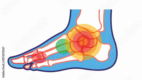 Stylized foot anatomy with colored circles indicating pain or inflammation zones