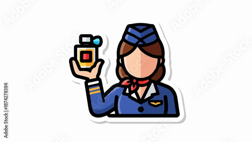 Stylized flight attendant in uniform offers a perfume bottle