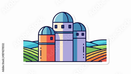 Εκτύπωση καμβά Stylized farm silos stand against rolling hills and colorful fields