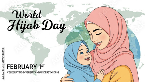 World Hijab Day illustration celebrating diversity and understanding featuring a mother and child in hijabs against a world map background February 1st