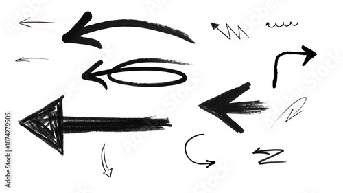 Hand Drawn Arrow Icons Set – Black Sketch Doodle Arrows, Directional Pointer Symbols for Design, UI, Web & Infographics