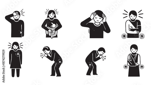 Collection of diverse people experiencing various types of stomach pain and discomfort