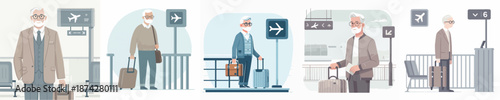 Elderly Man Boarding a Plane at Airport Gate Vector Illustration