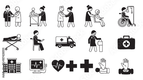 Collection of medical and healthcare related icons and symbols