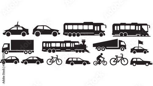 Collection of various transportation vehicles and travel icons isolated