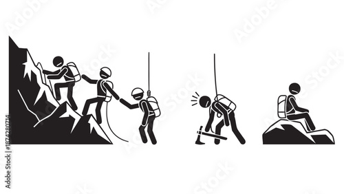 Group of climbers assisting each other on steep mountain ascent