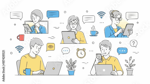 Diverse group of people using various digital devices for communication and work.