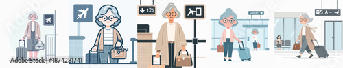 Elderly Woman Boarding a Plane at Airport Gate Vector Illustration