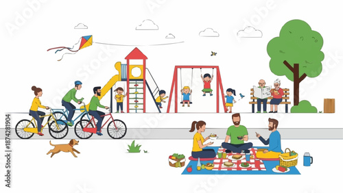 Diverse group of people enjoying a sunny day at the park with various activities.