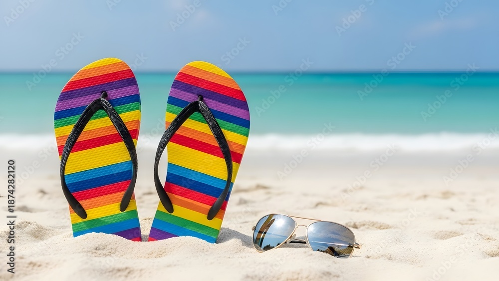 Obraz premium Rainbow striped flip flops and sunglasses on a tropical sandy beach. Summer vacation and travel concept. Colorful beachwear sitting on sand with ocean waves in background