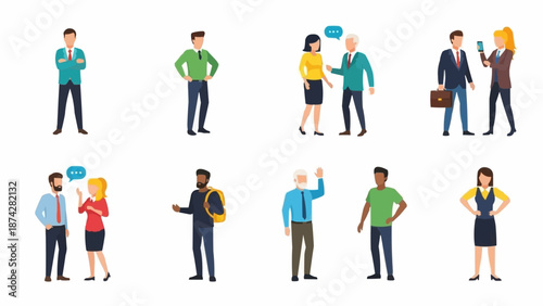 Diverse group of people in casual and business attire communicating.