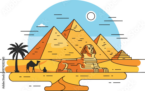 Flat Line Art Illustration of Giza Pyramids and Great Sphinx in Egypt Desert
