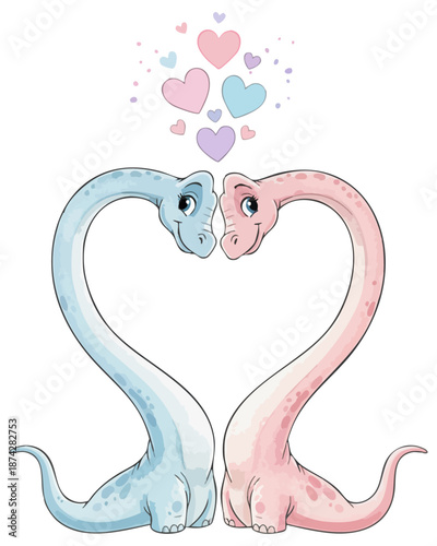 Cute dinosaur couple forming heart shape with necks. Valentine's day concept: long-necked dinosaurs kissing. Kawaii brachiosaurus pair, floating pastel hearts. Prehistoric characters for kids design