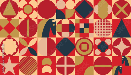 Happy Chinese New Year 2026 Year of the Horse vector geometric illustration with red color blocks patterns. Design for greeting cards posters banners packaging and background.