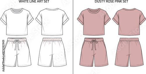 Crop top, drawstring shorts, front view, back view, dusty rose, white line art, fashion sketch, flat vector illustration