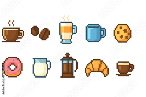 Coffee and bakery icon set. Pixel style collection for cafes and bakeries.