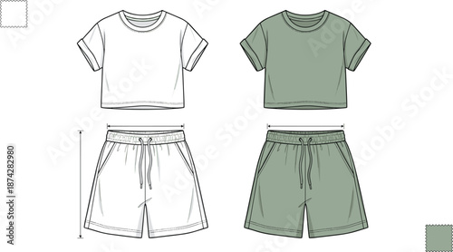 Cropped t-shirt, drawstring shorts, front view, measurement sketch, muted green, fashion design, technical drawing, flat vector illustration