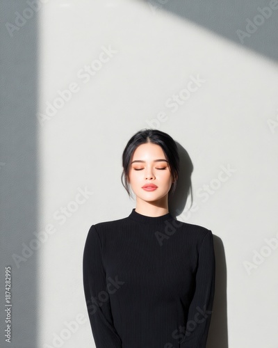 Woman in Black Dress with Shadowed Wall and Natural Light Effect
