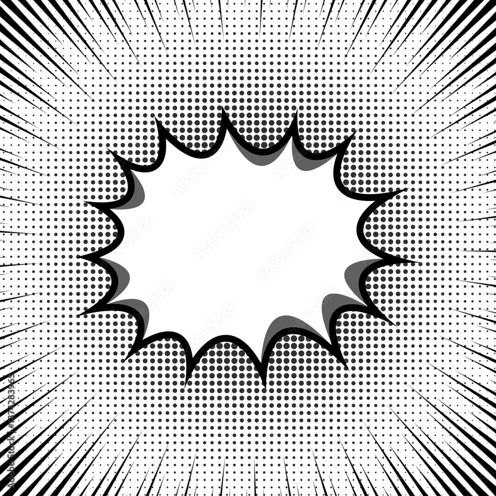 Fototapeta premium Retro comic explosion burst frame with black halftone. Boom or bubble Star sound effect. Cartoon style speech bubble or starburst graphic element for pop art background, poster frame illustration. 