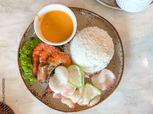 Shrimp and Rice Asian Meal with Salted Egg Sauce