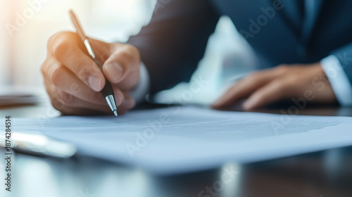 Wallpaper Mural Professional man reviewing documents at desk in claims office with pen, focused on paperwork and business task in bright environment Torontodigital.ca