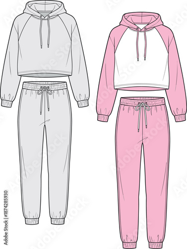 Trendy cropped hoodie, jogger sweatpants, casual loungewear, matching sets, comfy fashion, pastel outfit, sporty style, cozy wear, flat vector illustration