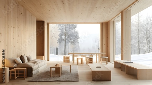 Minimalist Nordic Wooden Interior Design with Serene Snowy Forest View