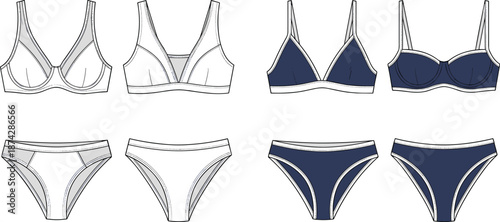 Bikini top bottom set, swimwear styles, triangle bandeau, white navy blue, summer fashion, beachwear design, flat vector illustration