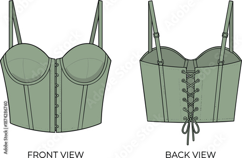 Bustier top front back, structured design, underwire support, lace-up closure, fashion flat sketch, technical garment drawing, flat vector illustration
