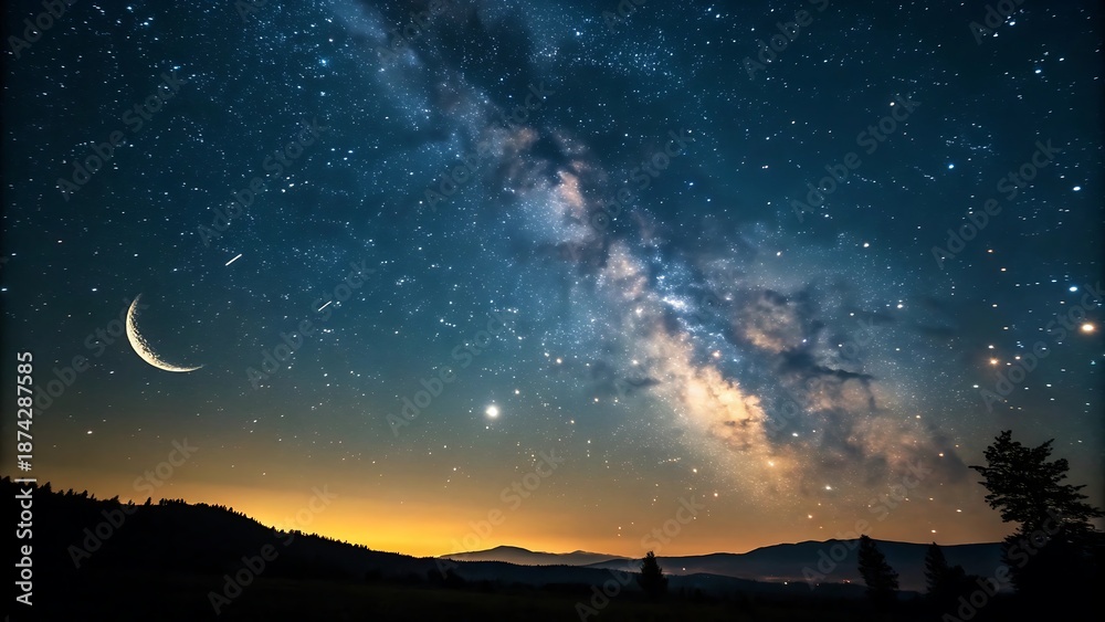 Fototapeta premium A crescent moon and the milky way visible in a dark night sky over mountains