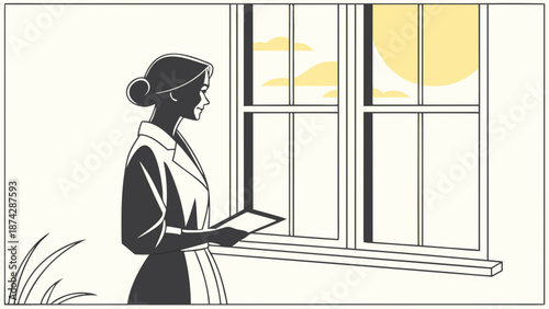 A woman in a simple outfit stands by a window looking out at sunset while holding a tablet in a minimalist interior with a clean and calm mood.