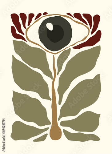 Abstract eye and hand drawn flower form a Matisse style, naive art, contemporary background. Nature vector illustration