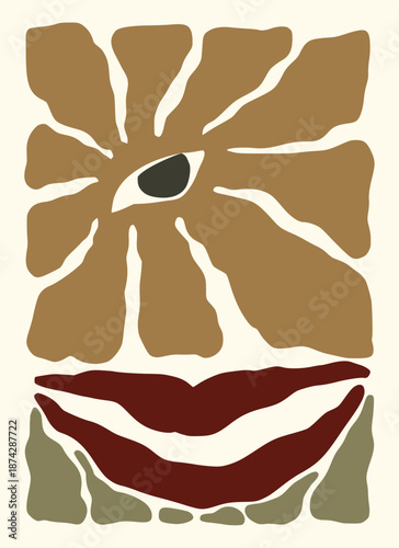 Abstract face and hand drawn flower form a Matisse style, naive art, contemporary background. Nature vector illustration