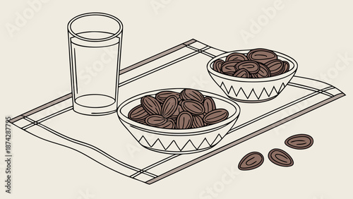 Line drawing of two bowls of coffee beans with a glass of water on a tray against a beige background.