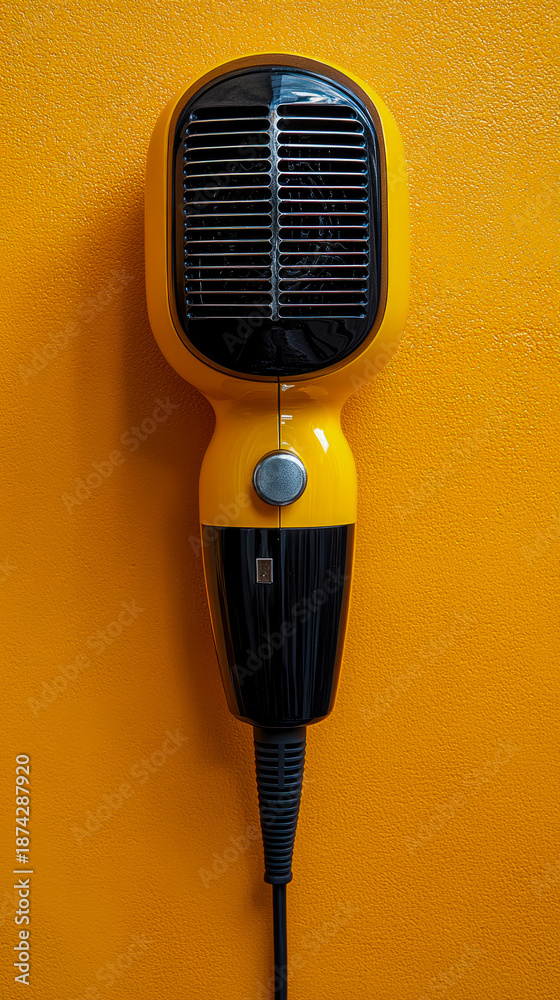 Fototapeta premium Retro-inspired yellow and black electric personal heater or fan with classic metal grille and simple button design, presented vertically against vibrant textured orange wall, showcasing blend of vinta