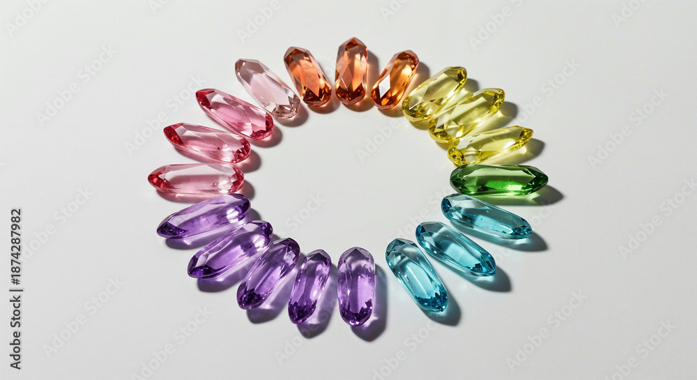 Obraz premium Overhead radial circle of colorful gemstones on white with sparkling luxury light