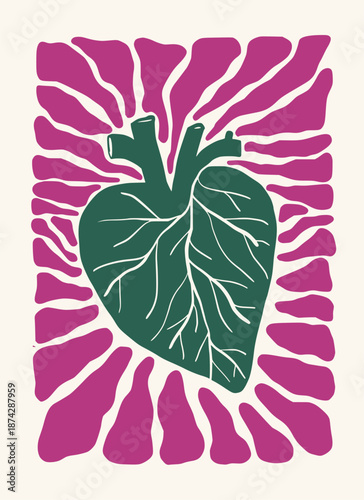 Abstract hearts and hand drawn leaves form a Matisse style, naive art, contemporary background. Heart vector illustration