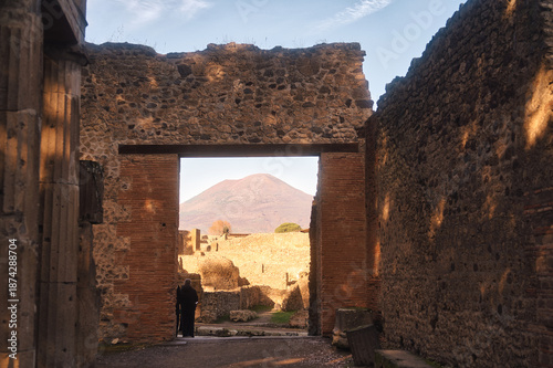 Pompeii ruins and volcano
