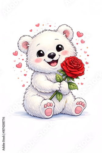 Niedlicher Cartoon-Eisbär mit Rose und Herzen als Liebesmotiv