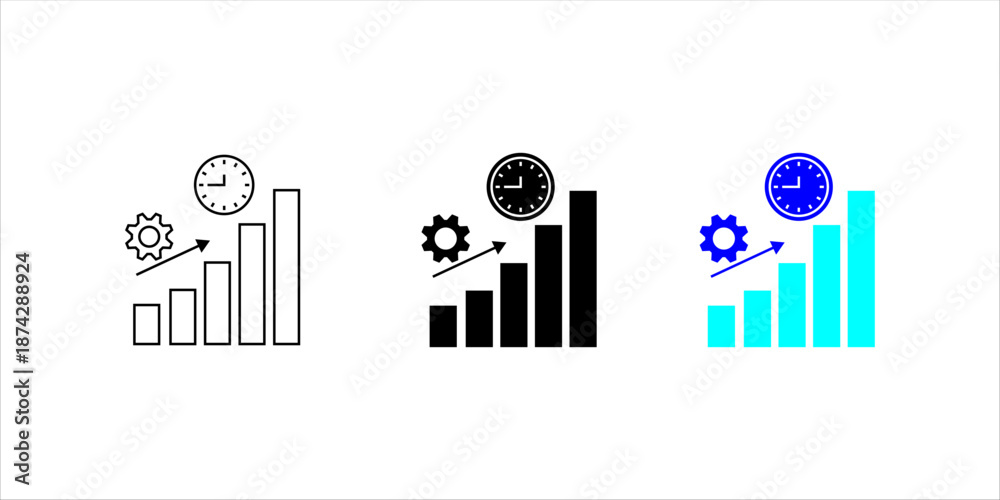 Obraz premium Line icon illustration of an increasing bar chart with a clock, symbolizing business performance growth, time-based analytics, and financial progress.