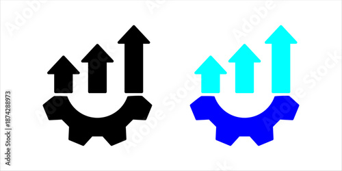 Minimal line icon showing a gear with upward arrows, representing business growth, progress, improvement, and operational development.
