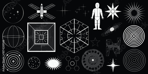 Abstract depiction of space exploration alien life and geometric shapes