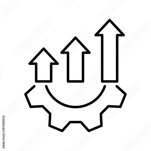 Minimal line icon showing a gear with upward arrows, representing business growth, progress, improvement, and operational development.