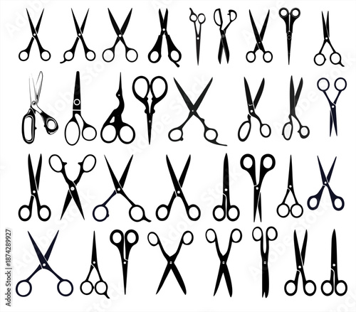 Collection of black and white scissors silhouettes in various shapes and styles, perfect for design elements, crafts, sewing, hair salon, office tools, and icon sets