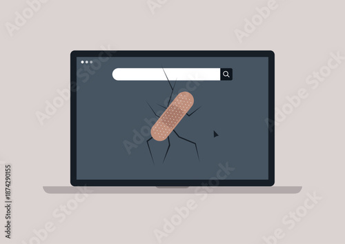 In a creative digital scene, a laptop screen is cracked and features a band-aid over the cracks, This represents a call for repair in a workspace filled with technology.
