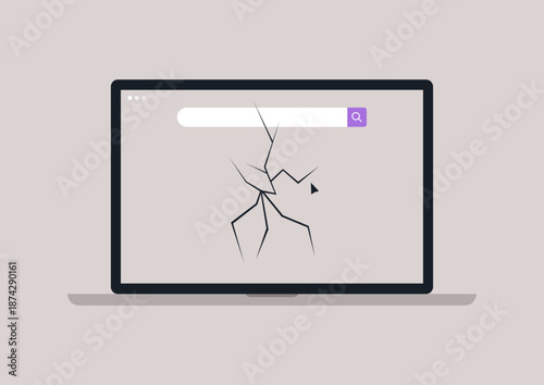 A cracked screen laptop displays web search bar, symbolizing broken technology and the need for repair, drawing attention to digital challenges faced daily by users