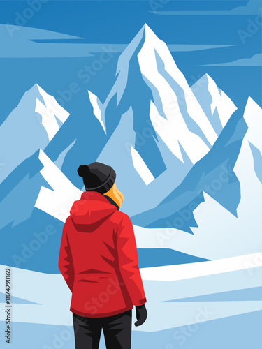 Stunning Vector Illustration of a Person in a Red Jacket Admiring Majestic Snow-Capped Mountains Under a Clear Blue Sky