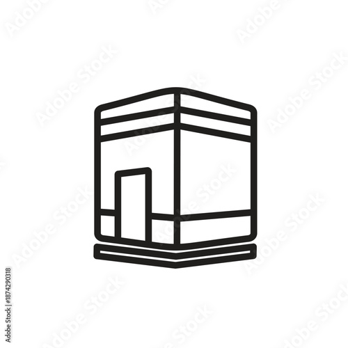 Monoline Kaaba logo, illustration of Ramadan ornamental objects. Muslim buildings in the Middle East.