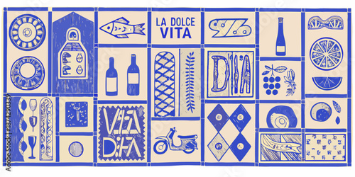 Blue and white tile pattern featuring italian motifs like food and drink