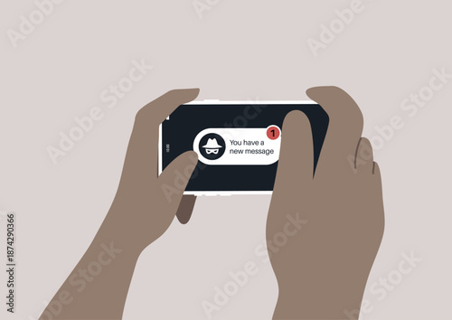 A scammer alert, hands come together to hold a mobile phone horizontally, eager to see a new message notification from unidentified user, the dangers of online connection and communication.